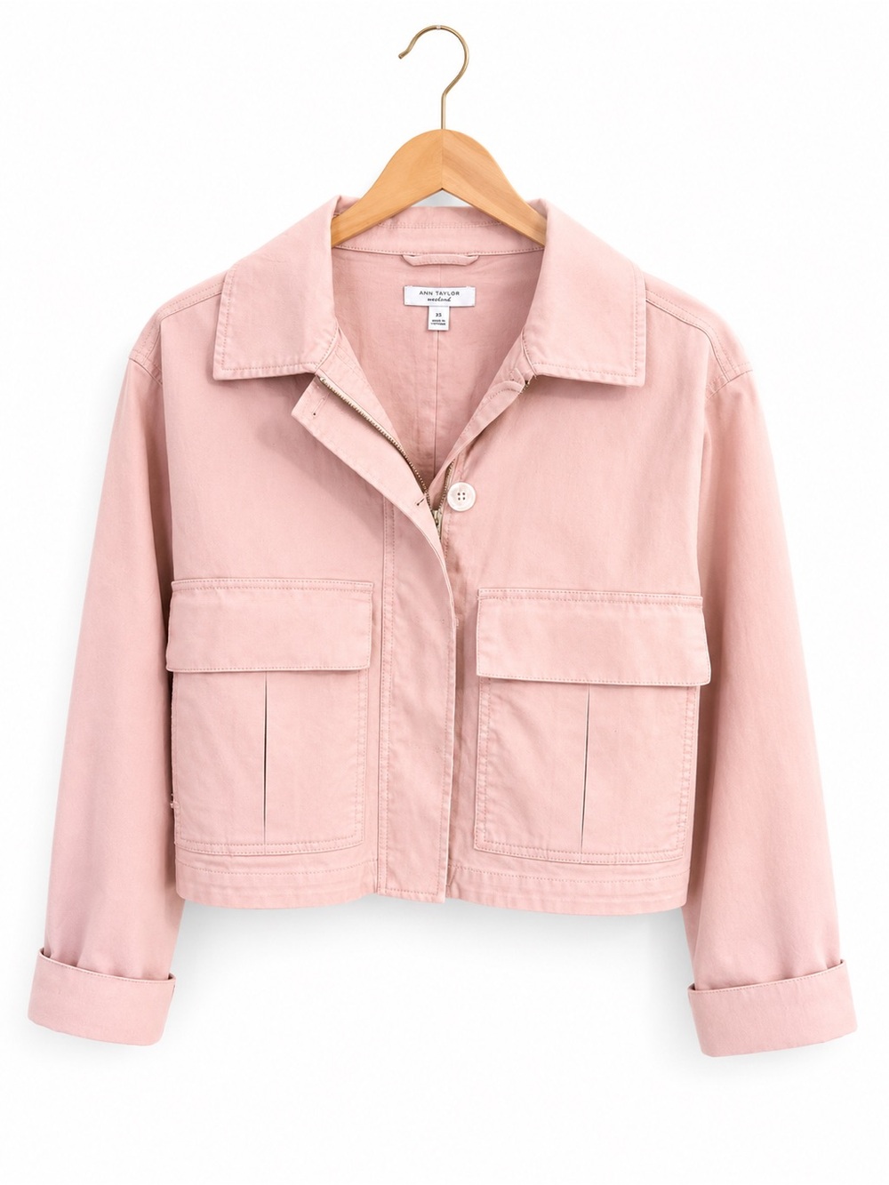 Ann Taylor Weekend Blush Pink Utility Jacket XS Cropped Cotton Stretch